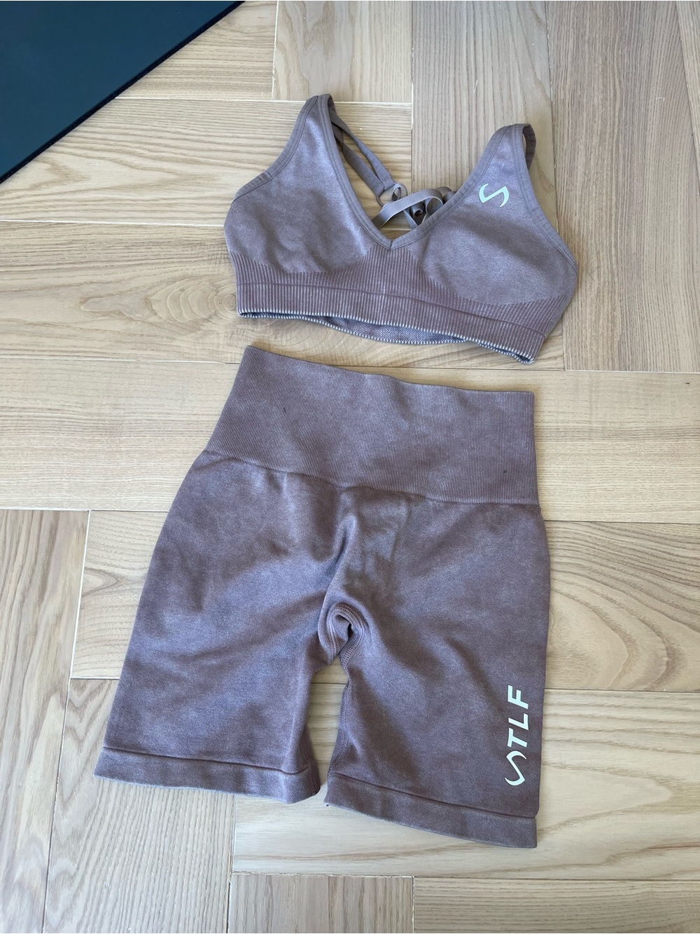 TLF tan Sports Bra & High-Waist Bike Shorts